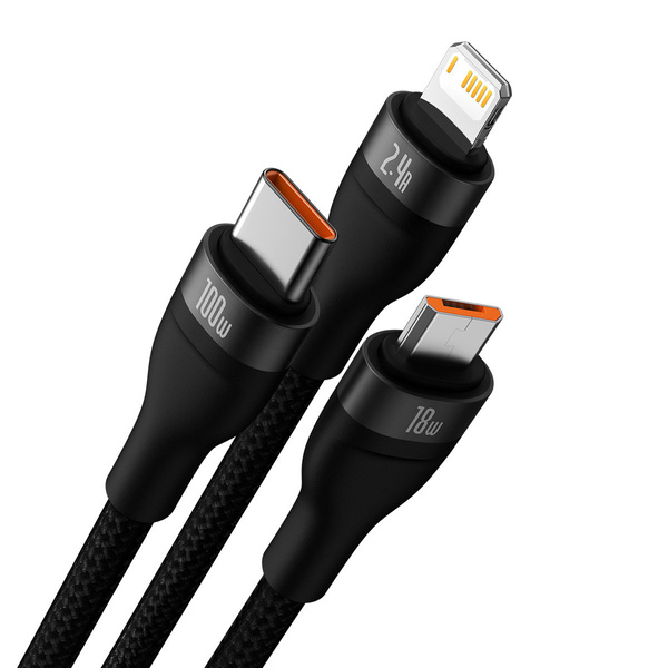 BASEUS FLASH SERIES Ⅱ ONE-FOR-THREE FAST CHARGING DATA CABLE USB TO M+L+C 100W 1.2M BLACK