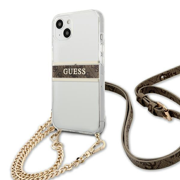 Guess GUHCP13SKC4GBGO iPhone 13 mini5,4" Transparent hardcase 4G Brown Strap Gold Chain