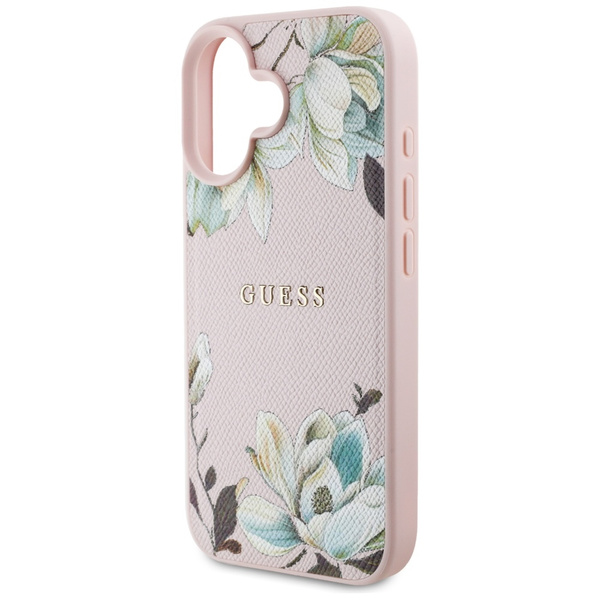 Etui Guess Grained Printed Flower        Pattern MagSafe do iPhone 16 różowy
