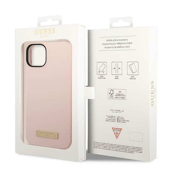Guess GUHMP14MSBPLP iPhone 14 Plus/ 15 Plus 6.7" różowy/pink hard case Silicone Logo Plate MagSafe