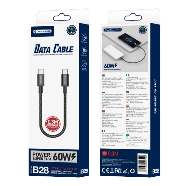 JELLICO kabel B28 USB-C - USB-C PD 60W 0.3M Czarny