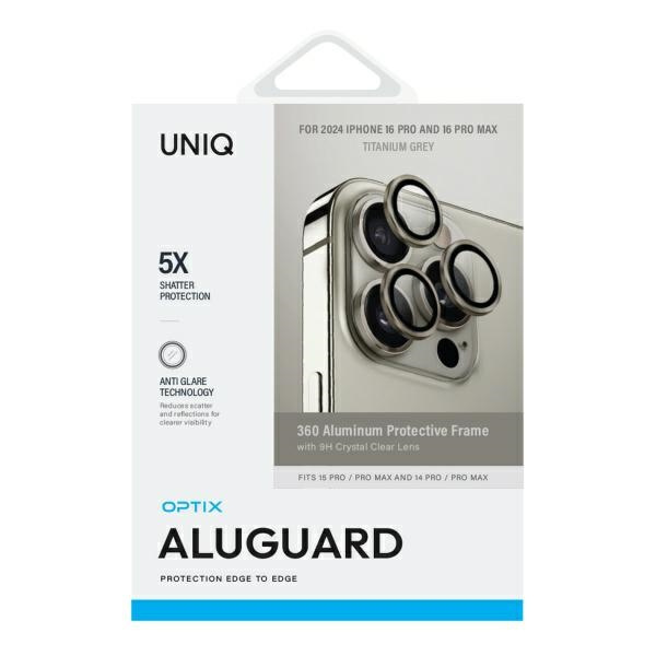 UNIQ Optix Aluminium Camera Lens Protector iPhone 16 Pro 6.3" / 16 Pro Max 6.9" titanium grey szkło na obiektyw aparatu z aplikatorem