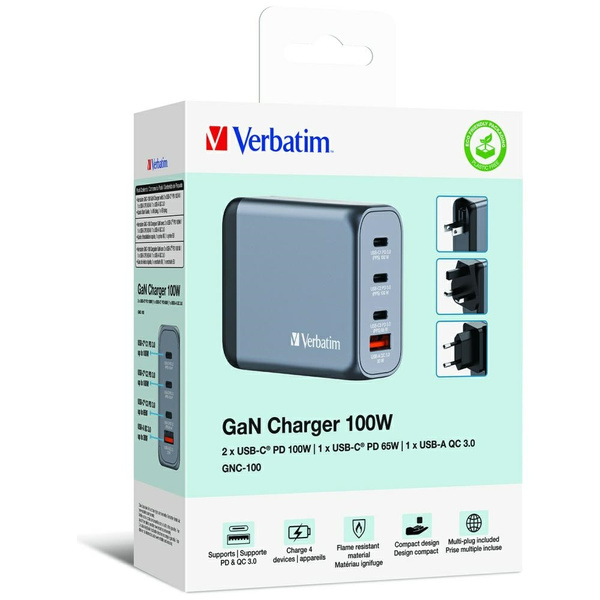 Verbatim Ładowarka sieciowa GaN 100W3xUSB-C/USB-A + Adapter EU/UK/US GNC-100 32202