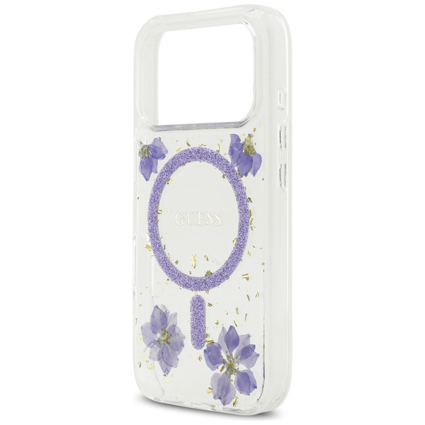 Etui Guess Resin Flowers Glitter MagSafe do iPhone 17 Pro fioletowy