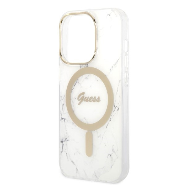 Zestaw Guess GUBPP14XHMEACSH Case+ Charger iPhone 14 Pro Max 6,7" biały/white hard case Marble MagSafe