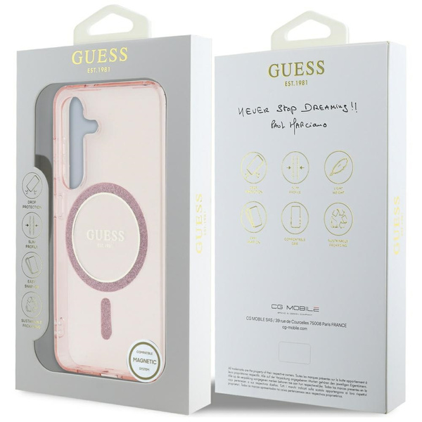 Etui Guess Glitter Circle Classic Logo   MagSafe do Samsung Galaxy S25 różowy