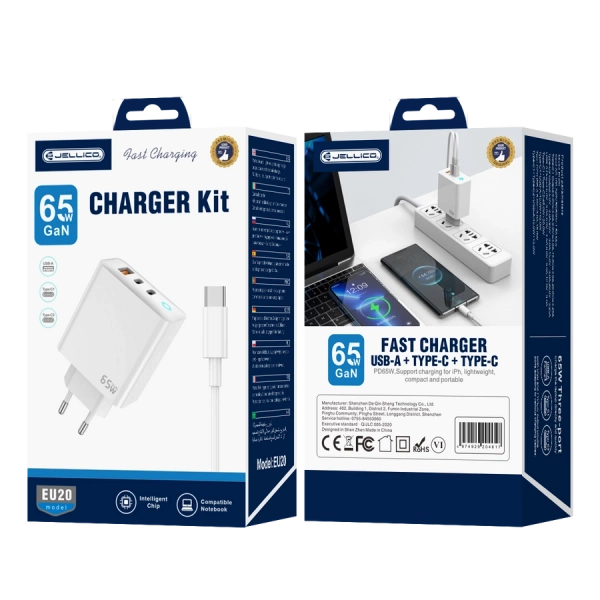 JELLICO ładowarka sieciowa EU20 GaN PD 65W 2xUSB-C + 1xUSB QC3.0 + kabel USB-C - USB-C Biały