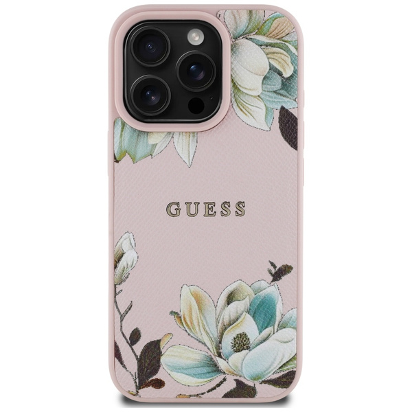 Etui Guess Grained Printed Flower        Pattern MagSafe do iPhone 16 Pro różowy