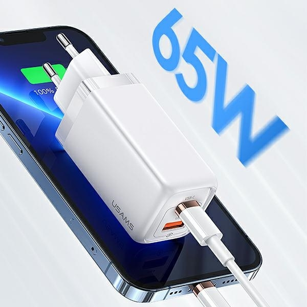 USAMS Ład. siec. 1xUSB-C+1xUSB T47 65W (only head) PD Fast Charging Super Si biały/white CC153TC02  (US-CC153)