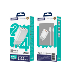 JELLICO wall charger EU02 2.4A 12W 2xUSB + cable Micro White