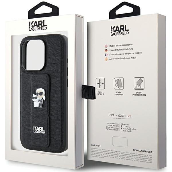 Karl Lagerfeld Gripstand Saffiano Karl&amp;Choupette Pins case for iPhone 15 Pro Max - black