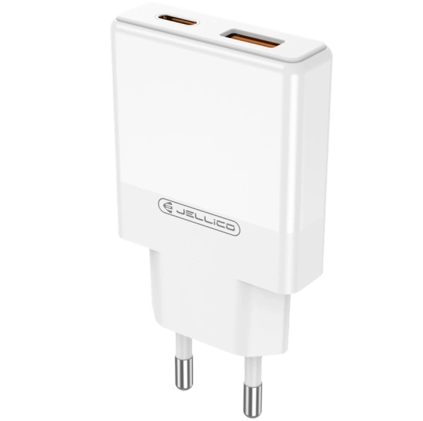 JELLICO wall charger EU57 PD 20W 1xUSB-C + 1xUSB QC3.0 + cable USB-C - USB-C White