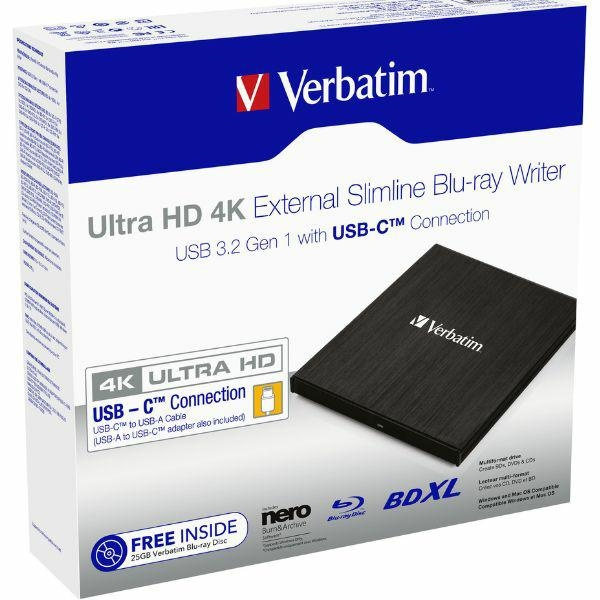Verbatim Zewnętrzna nagrywarka SlimlineBlu-ray Ultra HD 4K + kabel USB-C/USB-A czarny/black 43888