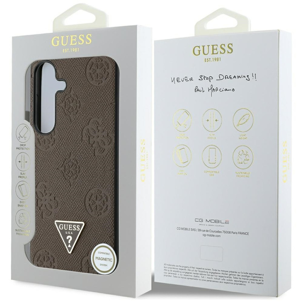 Etui Guess Grained Hot Stamp Peony       Pattern Triangle Logo MagSafe do Samsung Galaxy S25 brązowy