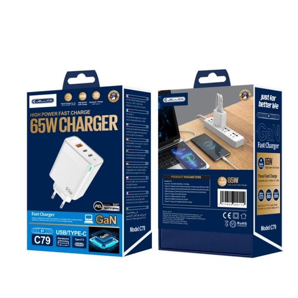 JELLICO ładowarka sieciowa C79 GaN PD 65W 2xUSB-C + 1xUSB QC3.0 + kabel USB-C - Lightning Biały