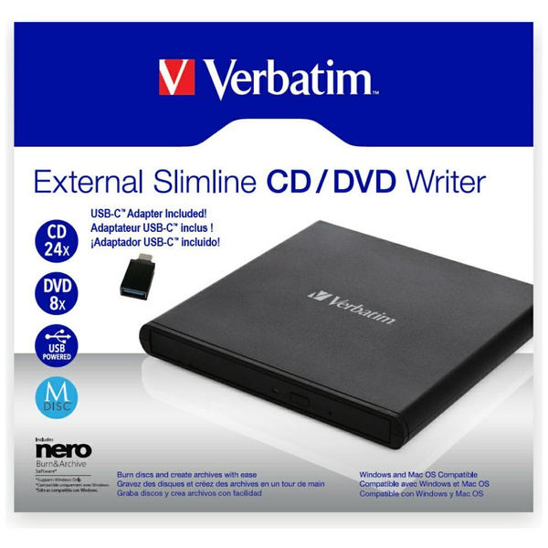 Verbatim Zewnętrzna nagrywarka Slimline  CD/DVD USB-A + kabel USB-A/USB-A do USB-C czarny/black 98938