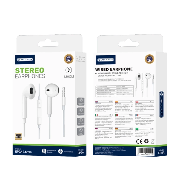 JELLICO wired earphones EP2A JACK 3.5MM with microphone 1.2M White