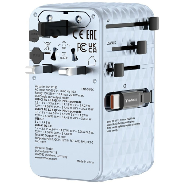Verbatim Adapter podróżny EU/UK/US GaN   1xUSB-C/1xUSB-A/2xUSB-C PD 70W niebieski 30187