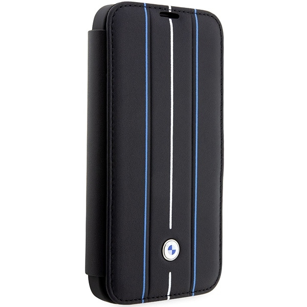 Etui BMW Leather Stamp Blue Lines na iPhone 14 Pro Max - czarne