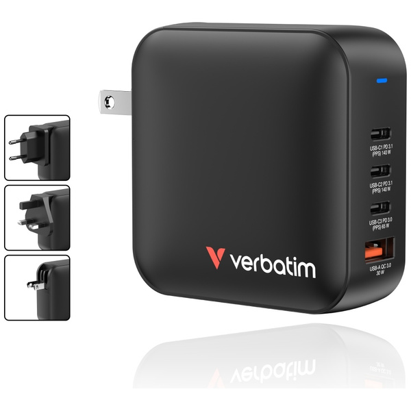 Ładowarka sieciowa Verbatim Mini GaN     165W 3xUSB-C PD/1x USB-A QC czarny 32216