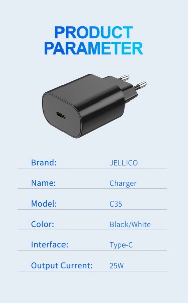 JELLICO wall charger C35 PD 25W 1xUSB-C + cable USB-C - USB-C Black