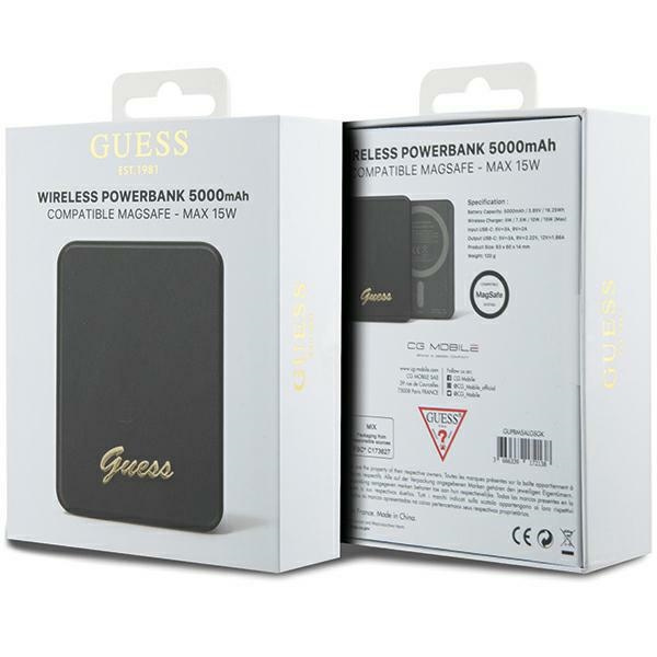 Guess Powerbank indukcyjny 15WGUPBM5ALGSGK 5000mAh czarny/black MagSafe Metal Script Logo