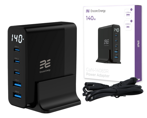 Encore Energy GaN QC 4+ 5.0 PD 3.0 USB-A x2 USB-C x3 140W Wall Charger GaN-14083R with Display + 2m USB-C Cable