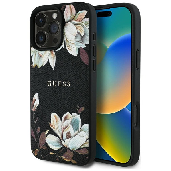 Etui Guess Grained Printed Flower        Pattern MagSafe do iPhone 16 Pro czarny