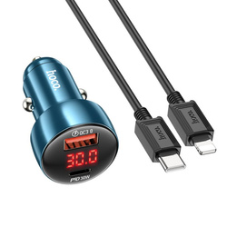 Ładowarka samochodowa Hoco USB A + USB C QC3.0 PD 3A 48W z wyświetlaczem + kabel USB C do Lightning Z50 niebieska