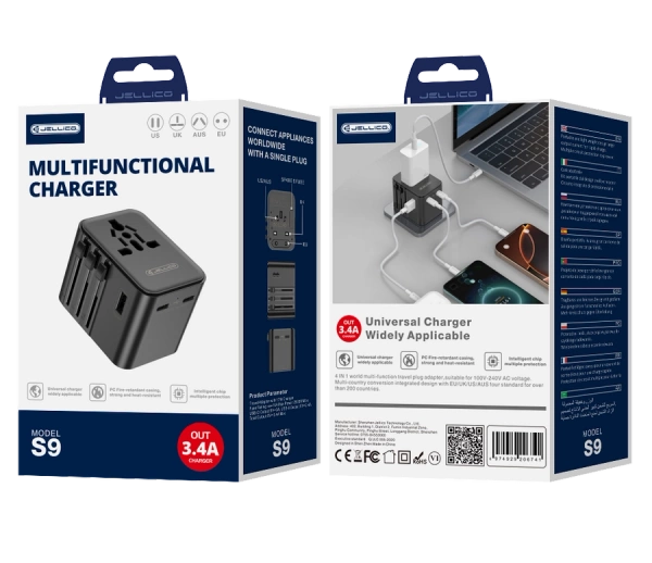 JELLICO uniwersalny adapter podróżny S9 PD 2xUSB-C + 1xUSB 3.4A Max 2500W Czarny