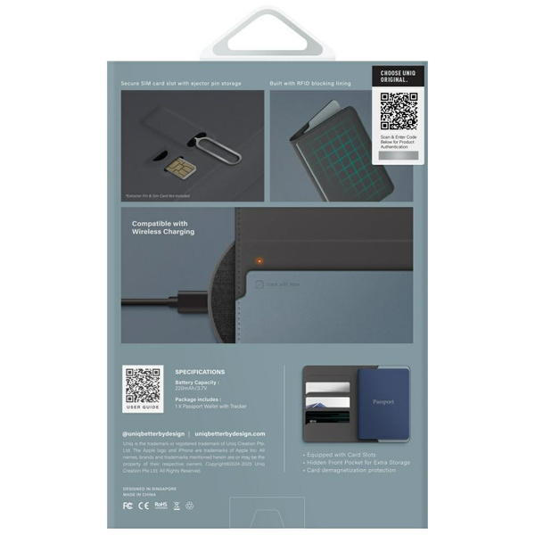 Etui na paszport UNIQ Belmont z Apple    Find My blokada RFID szaro niebieski