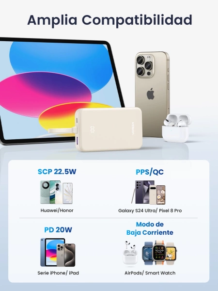 Powerbank Ugreen PB505 20000mAh 22.5W USB-C USB-A wbudowany kabel USB-C - biały