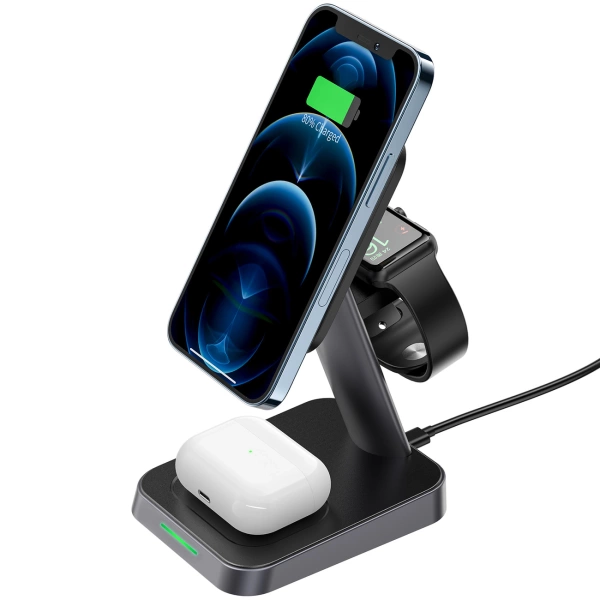 Acefast Qi Wireless Charger 15W for iPhone (with MagSafe), Apple Watch and Apple AirPods Stand Holder Magnetic Holder Black (E3 black)