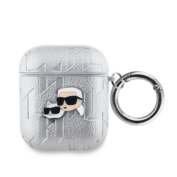 Karl Lagerfeld PU Embossed Karl and Choupette Heads Case for AirPods 1/2 Silver