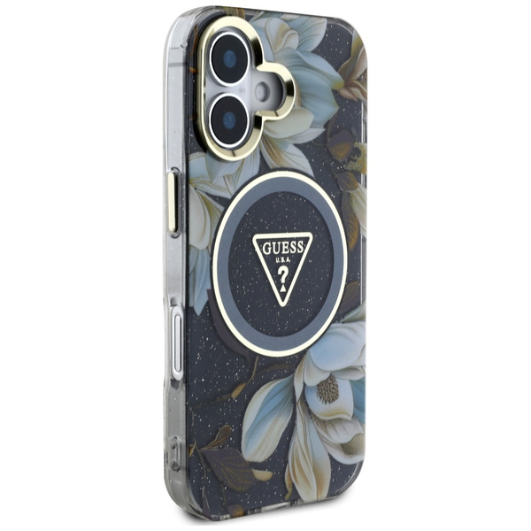 Etui Guess Glitter Flowers Triangle      Buttons MagSafe do iPhone 16 czarny