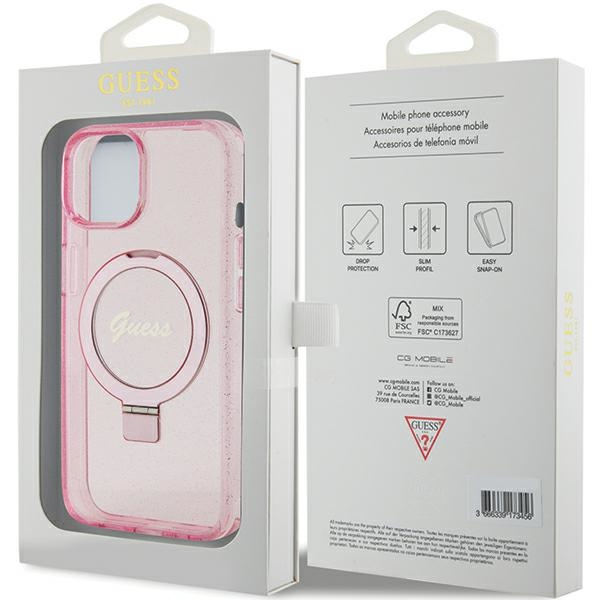 Guess GUHMP15MHRSGSP iPhone 15 Plus / 14 Plus 6.7" różowy/pink hardcase Ring Stand Script Glitter MagSafe
