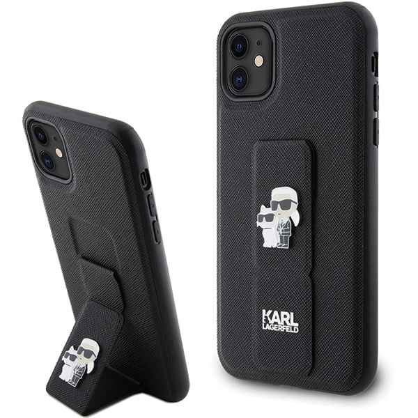 Etui Karl Lagerfeld Gripstand Saffiano Karl&Choupette Pins na iPhone 11 / Xr - czarne