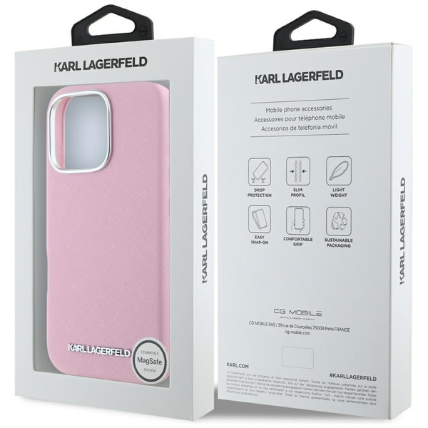 Etui Karl Lagerfeld Saffiano Full         Wrapped Elongated Metal Logo MagSafe do iPhone 16 Pro Max różowy