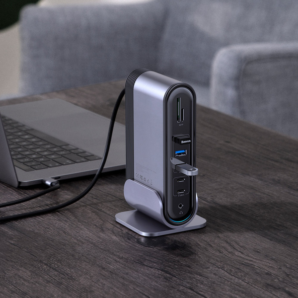 HUB Baseus CAHUB-DG0G 3x USB 3.2 Gen 1 / 2x USB-A / 2x USB-C / czytnik kart SD, micro SD / AUX / 3x HDMI / RJ45 PD 100W (wtyczki EU / CN / UK) - szary