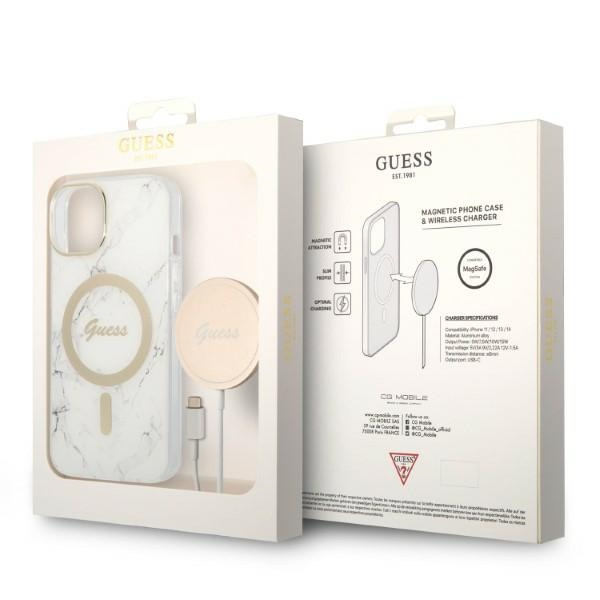 Zestaw Guess GUBPP14MHMEACSH Case+ Charger iPhone 14 Plus / 15 Plus 6.7" biały/white hard case Marble MagSafe
