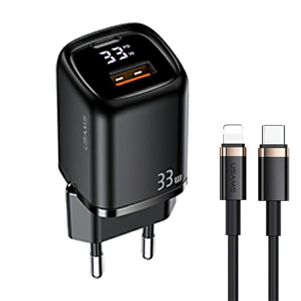 USAMS ŁAD. SIEC. 1XUSB-C+1XUSB T46 33W PD3.0 +QC3.0 FAST CHARGING +KABEL U63 USB-C/LIGHTNING CZARNY /BLACK UDTZ01