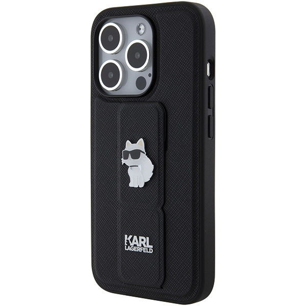 Karl Lagerfeld Gripstand Saffiano Choupette Pins case for iPhone 15 Pro Max - black