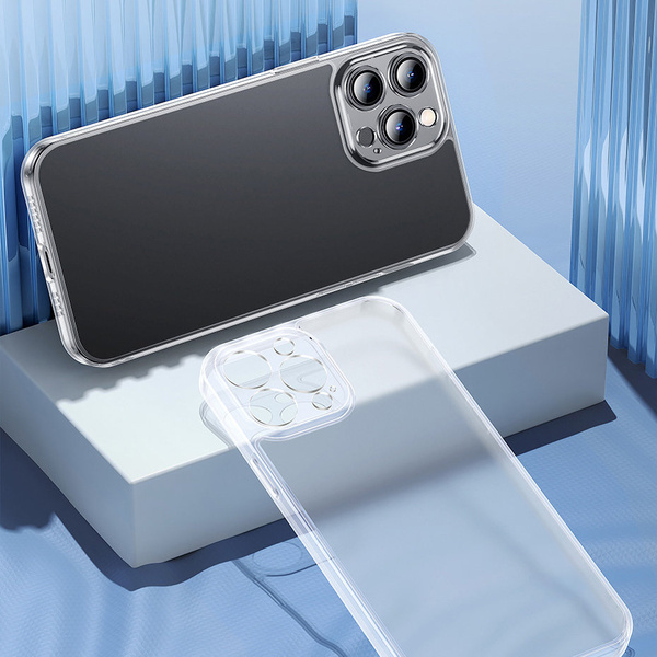 Baseus Frosted Glass Case etui pokrowiec do iPhone 13 sztywna obudowa z żelową ramką przezroczysty (ARWS000602)