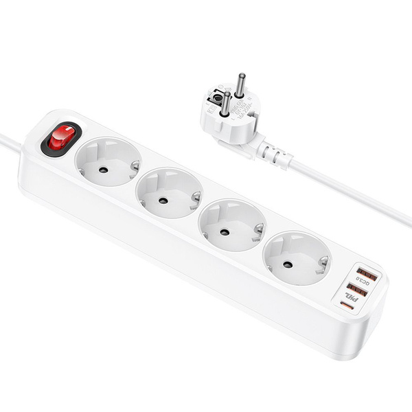 Przedłużacz 1,8 m Hoco 4 gniazda + 2 x USB A + USB C QC3.0 PD 3A 20W NS1 biały