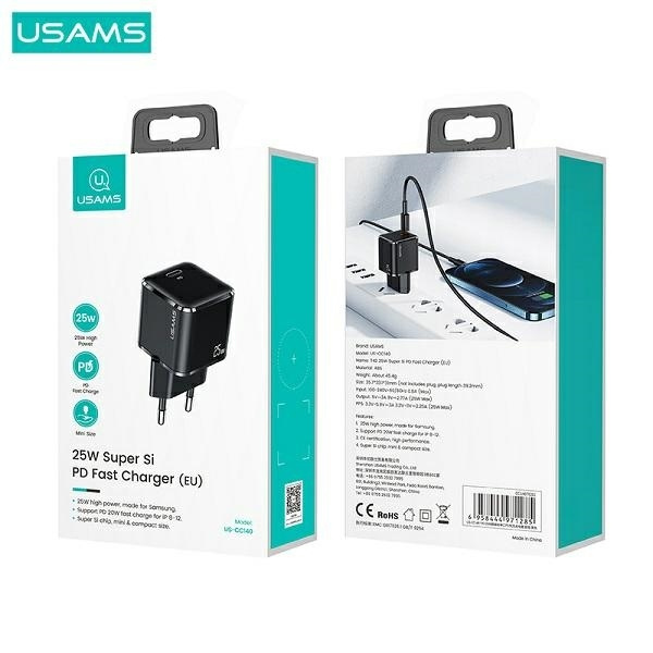 USAMS Ład. siec. 1xUSB-C T42 mini 25W (only head) Super SI 5V-3A PD3.0 Fast Charging czarny/black CC140TC01 (US-CC140)