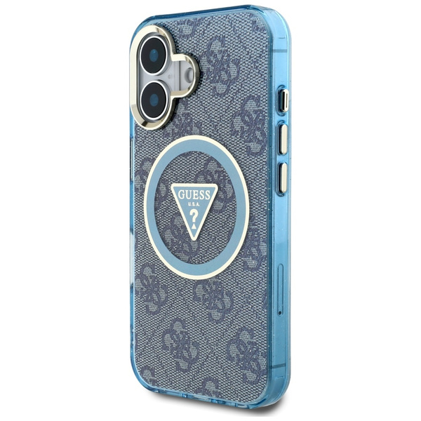Etui Guess IML Metal Glitter 4G Circle   Triangle MagSafe do iPhone 16 niebieski