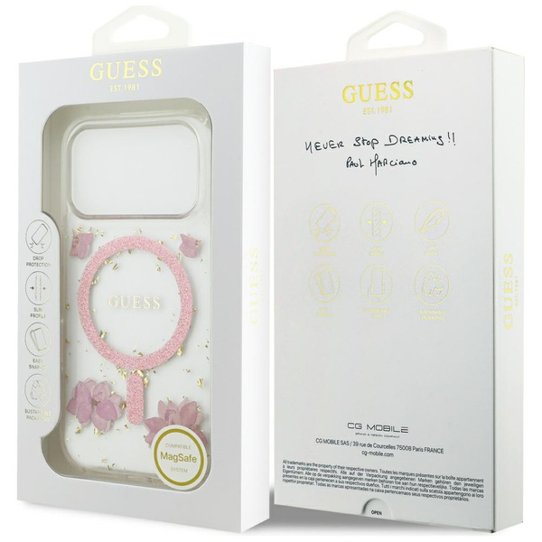 Etui Guess Resin Flowers Glitter MagSafe do iPhone 17 Pro różowy