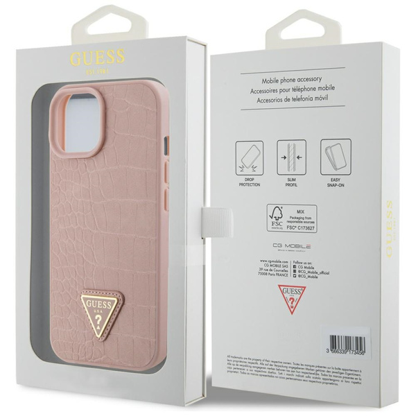 Guess GUHCP15SPCRTHCP iPhone 15 / 14 / 13 6.1" różowy/pink hardcase Croco Triangle Metal Logo