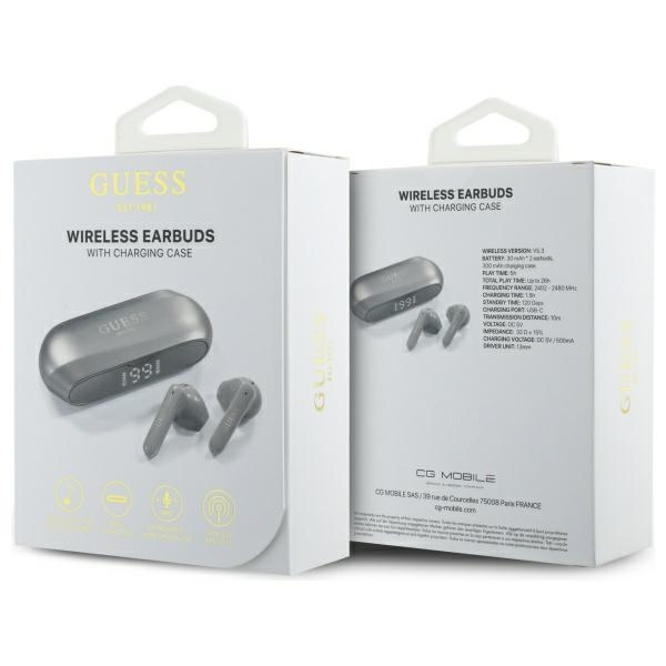Guess słuchawki Bluetooth GUTWSC2MCDSE   TWS + stacja dokująca taupe Elongated Metalic Printed Logo