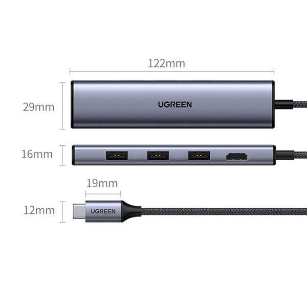 UGREEN ADAPTER CONVERTER HUB 5IN1 USB C - 3X USB 3.0 / HDMI / RJ45 GRAY (CM475)